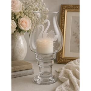 Vintage Lord Carlton Glass Pedestal Hurricane Lamp Etched Swans